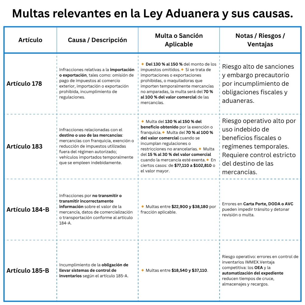 Multas relevantes en la Ley Aduanera y sus causas.