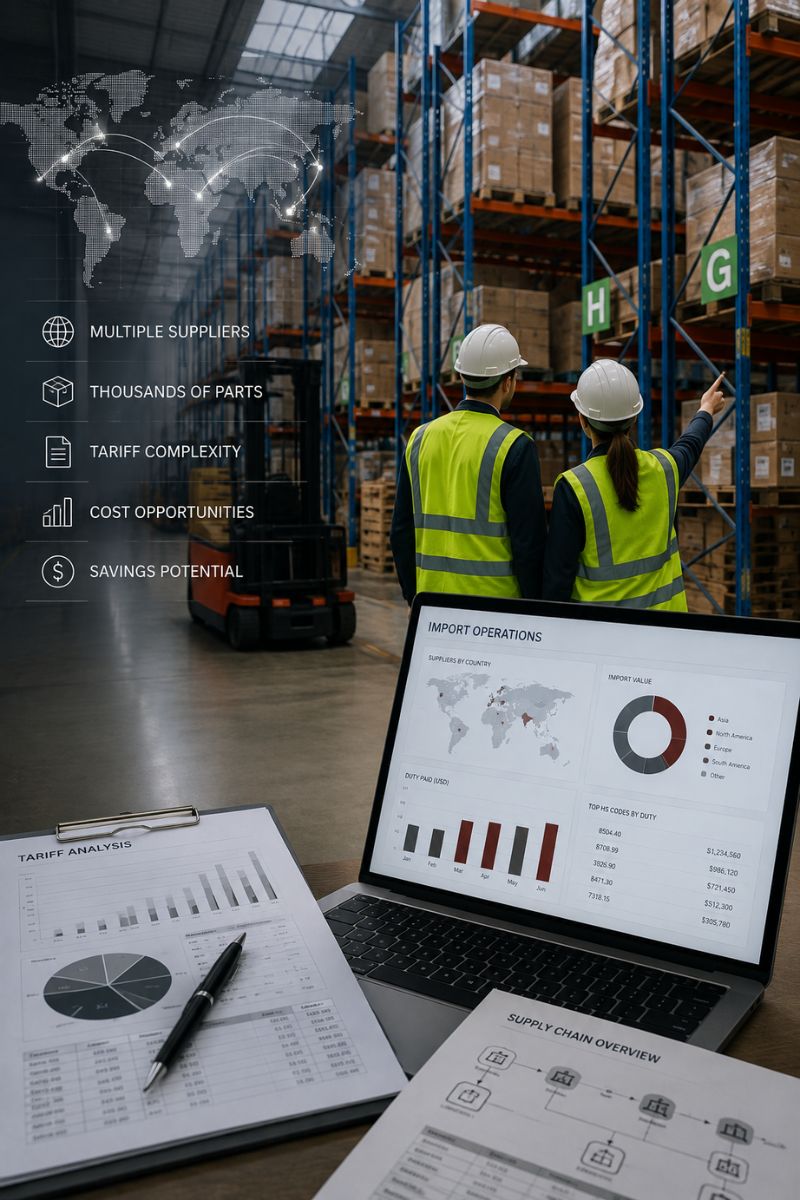 Empresa con operaciones de importación, múltiples proveedores y análisis de costos arancelarios